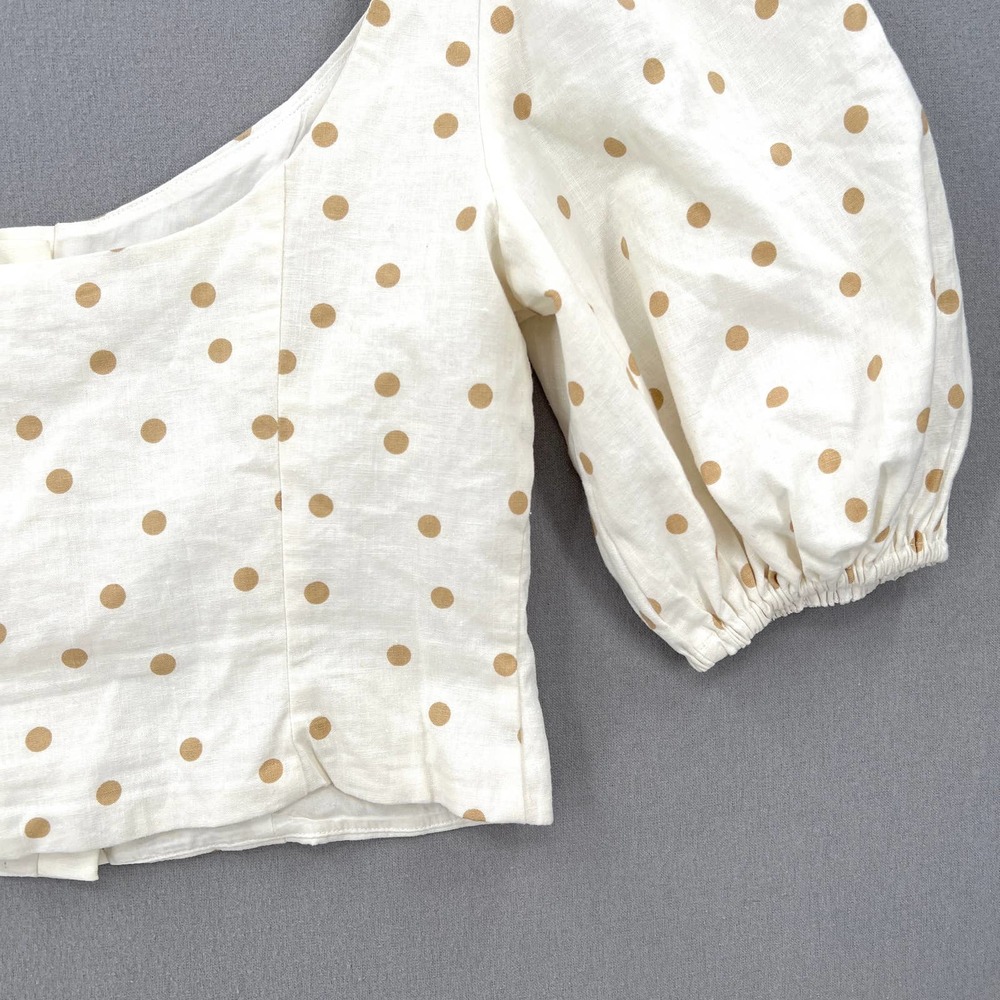 LPA Shirt Womens Medium White Linen Puff Sleeve Crop Top Button Front Polka Dot - Picture 6 of 14